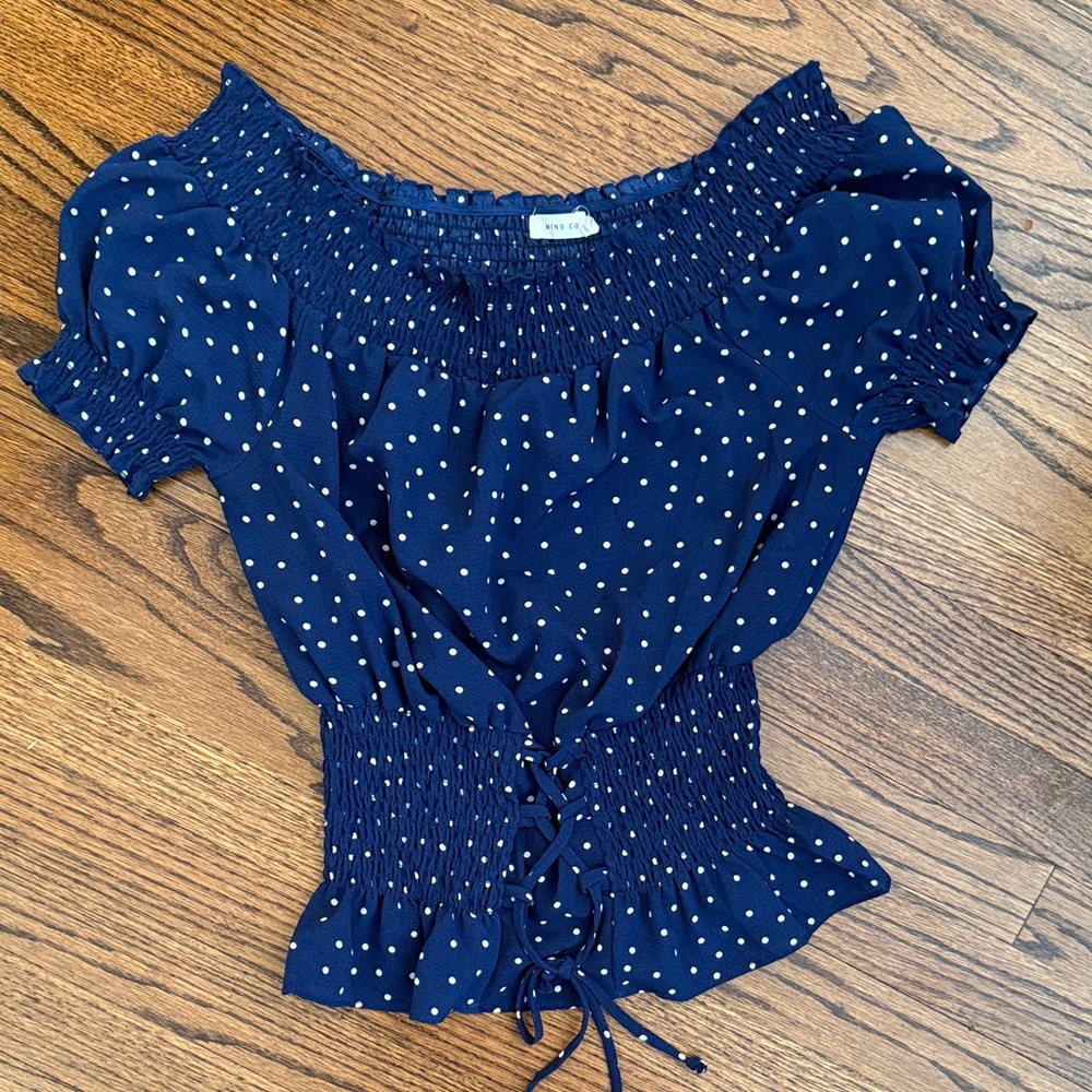 Mind Code Navy Off-Shoulder Blouse with White Dots